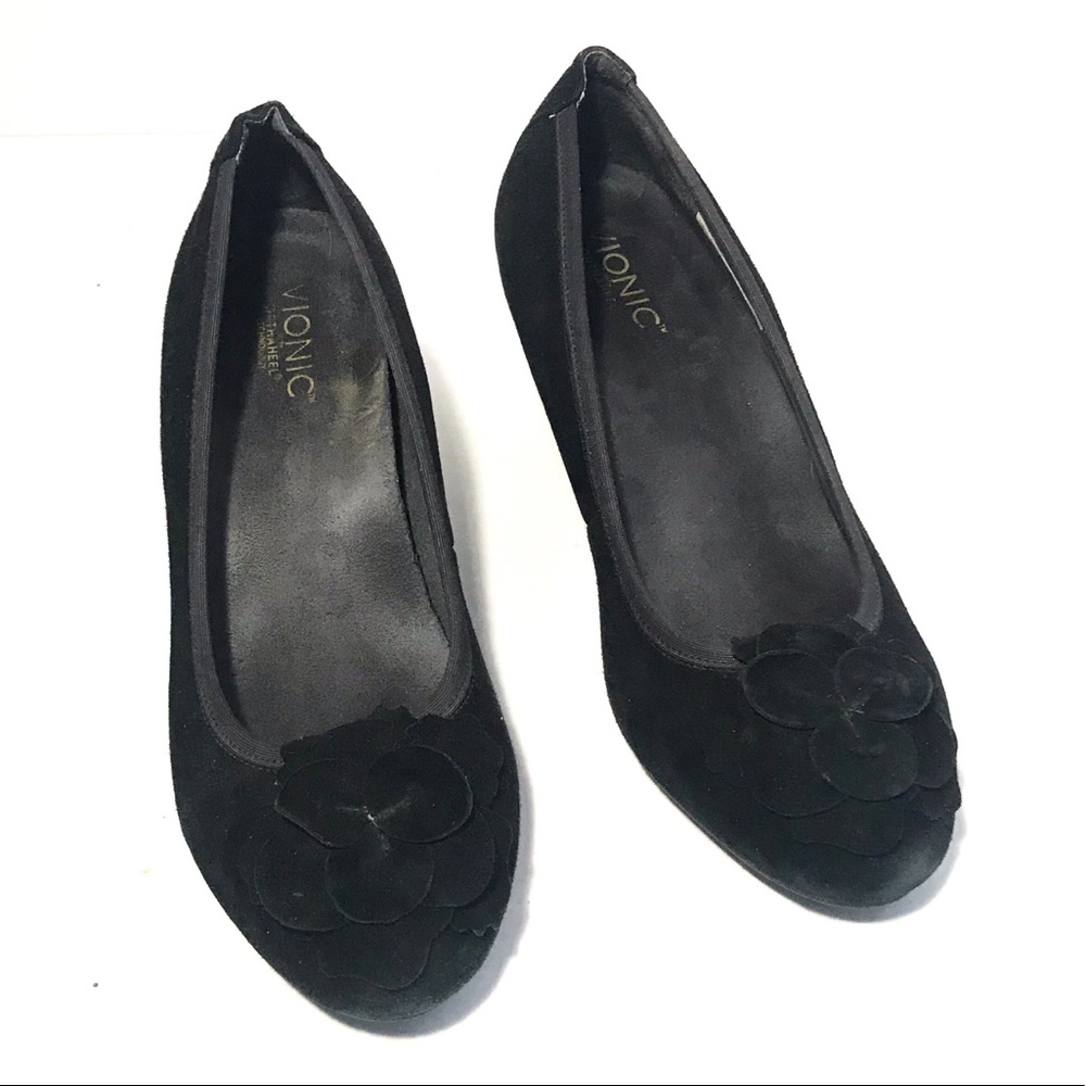 Vionic Hayes Orthaheel Black Suede Wedge Heels